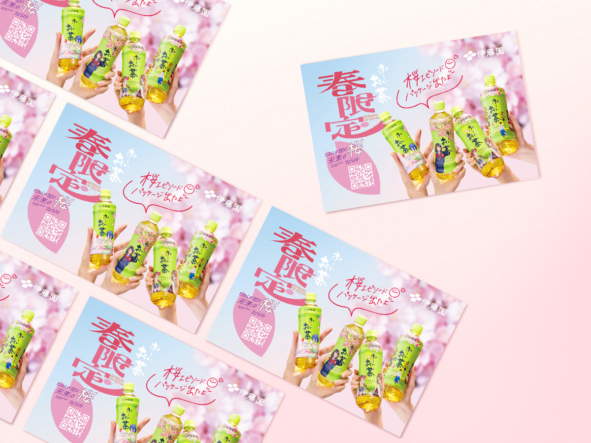 「お～いお茶」桜エピソードパッケージ	販促物デザイン パッケージデザイン 